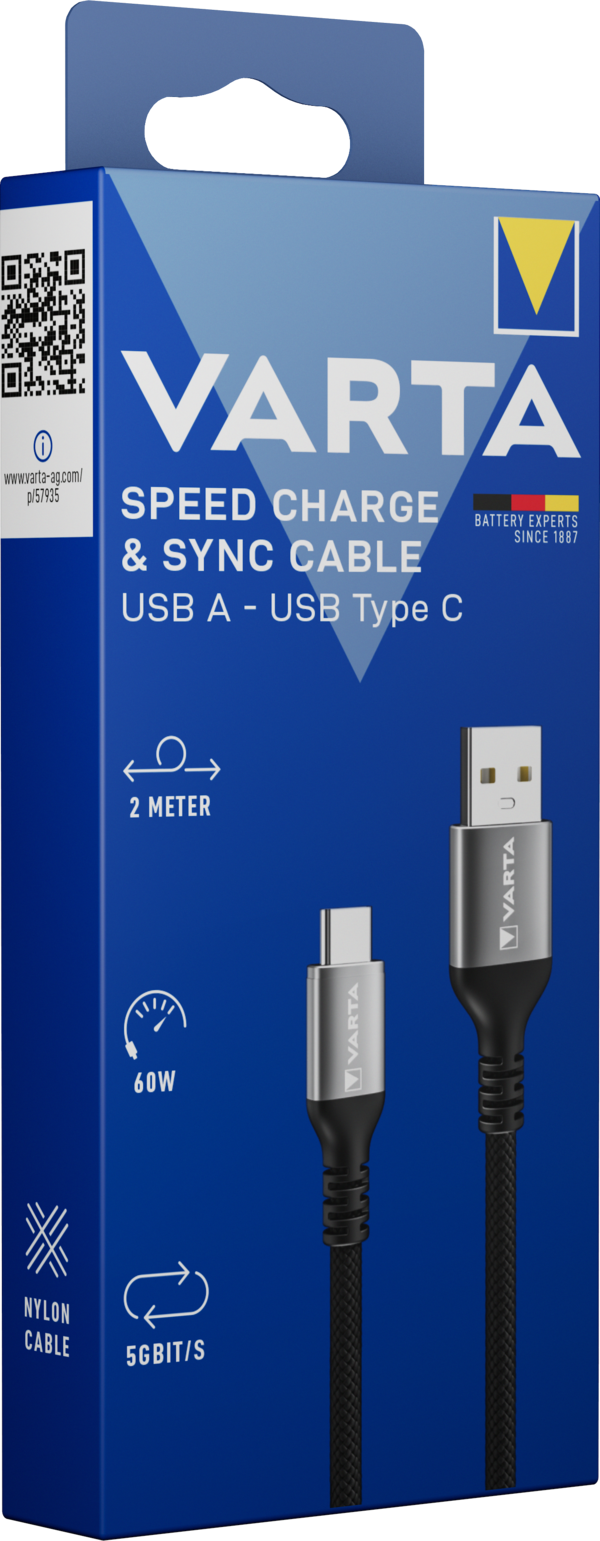 57935101111 Varta USB Cable, Male USB Type A to Male, USB Type C USB Type C, Black, 4.5 mm