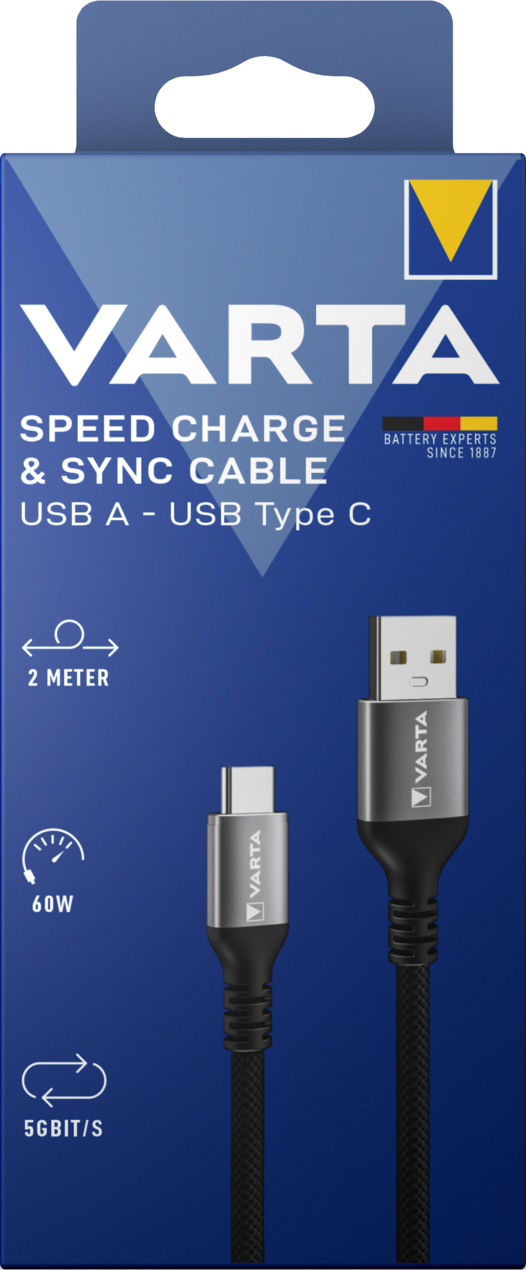 57935101111 Varta USB Cable, Male USB Type A to Male, USB Type C USB Type C, Black, 4.5 mm