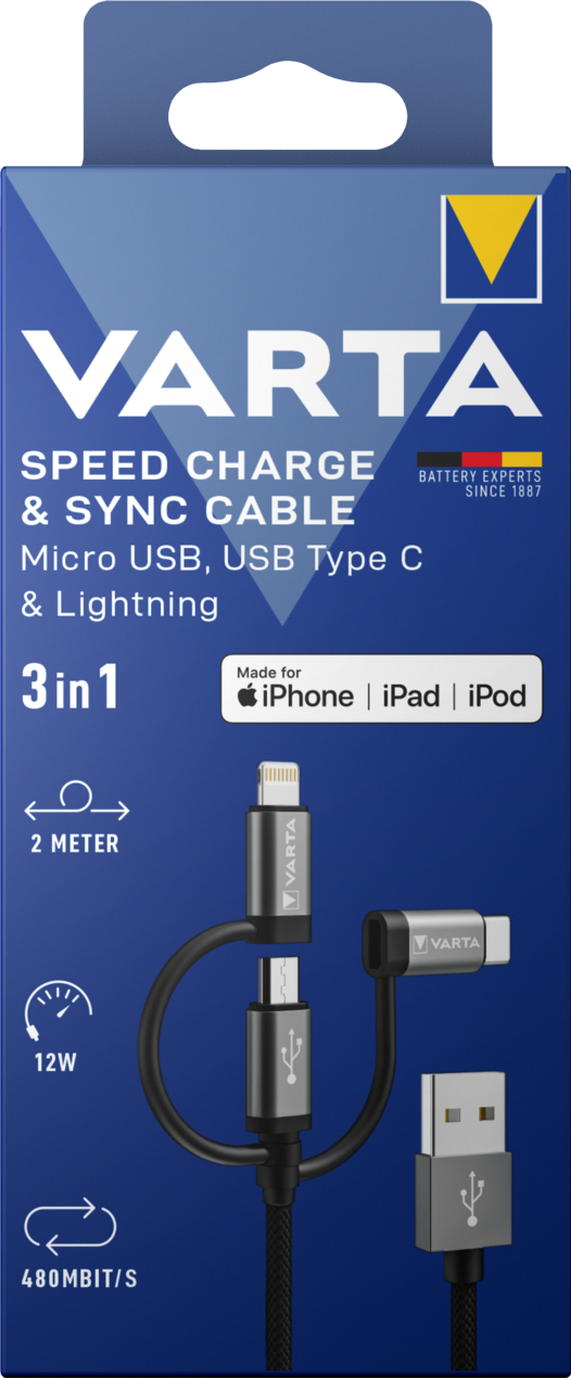 57937101111 Varta USB Cable, Male USB Type A to Male, USB Type C USB Type C, Black, 3.5 mm