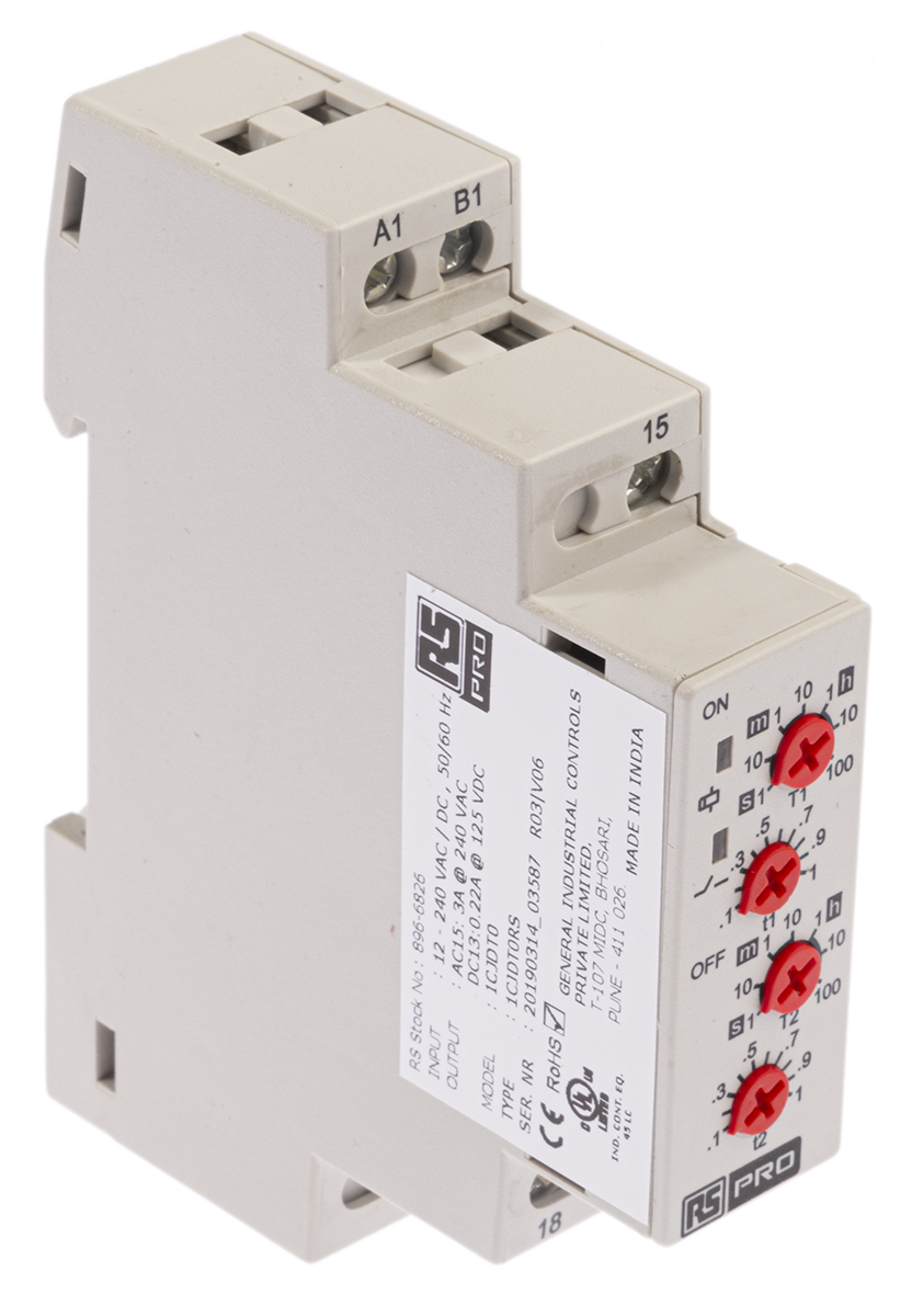 896-6826 RS PRO 1LL009_02 Series DIN Rail Timer Relay, 1-Contact, 24 V dc 12V ac, 240 V ac, 0.1 s to 100 h,