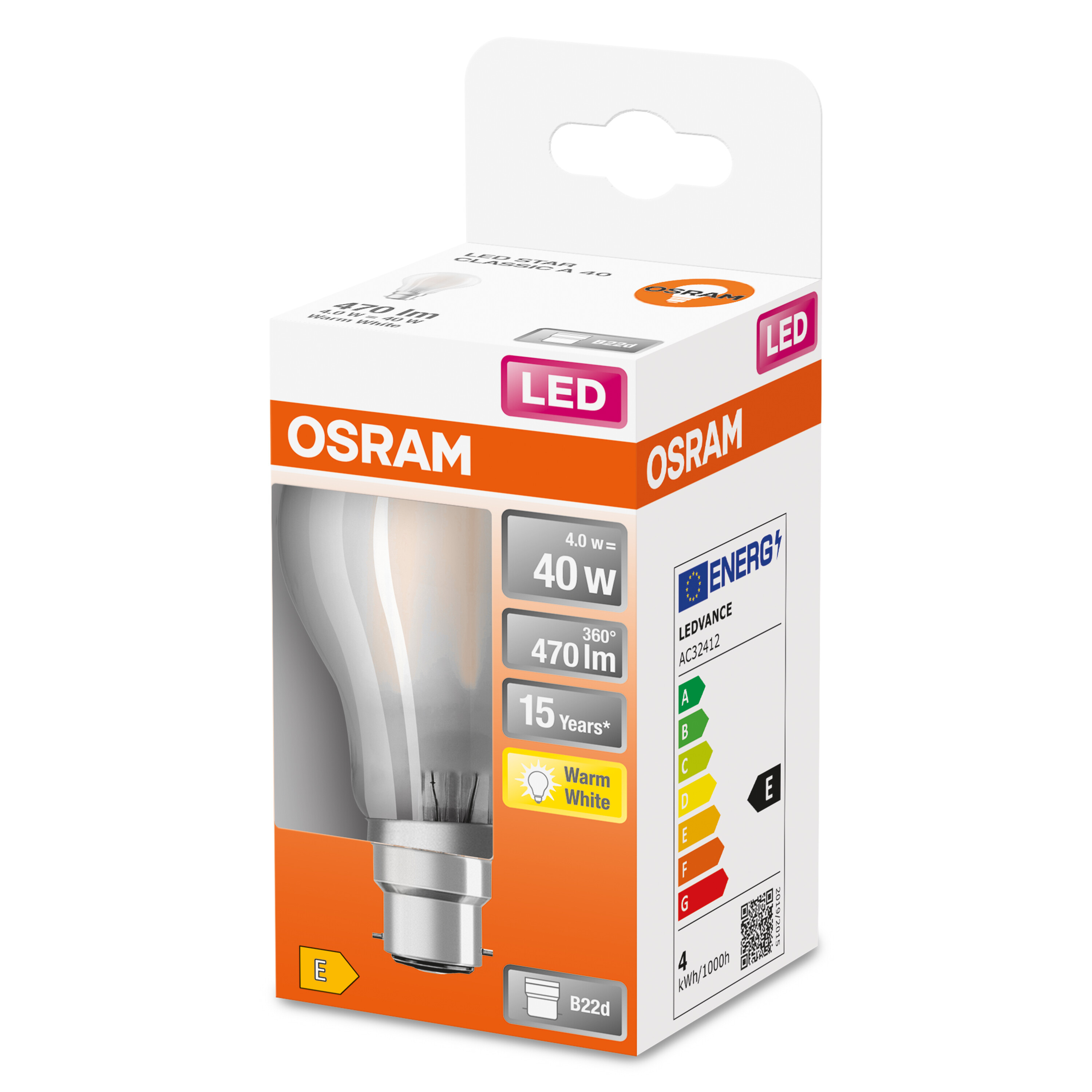 4058075437241 LEDVANCE LED Retrofit CLASSIC B22d LED Bulbs 4 W(40W), 2700K, Warm White, Bulb shape