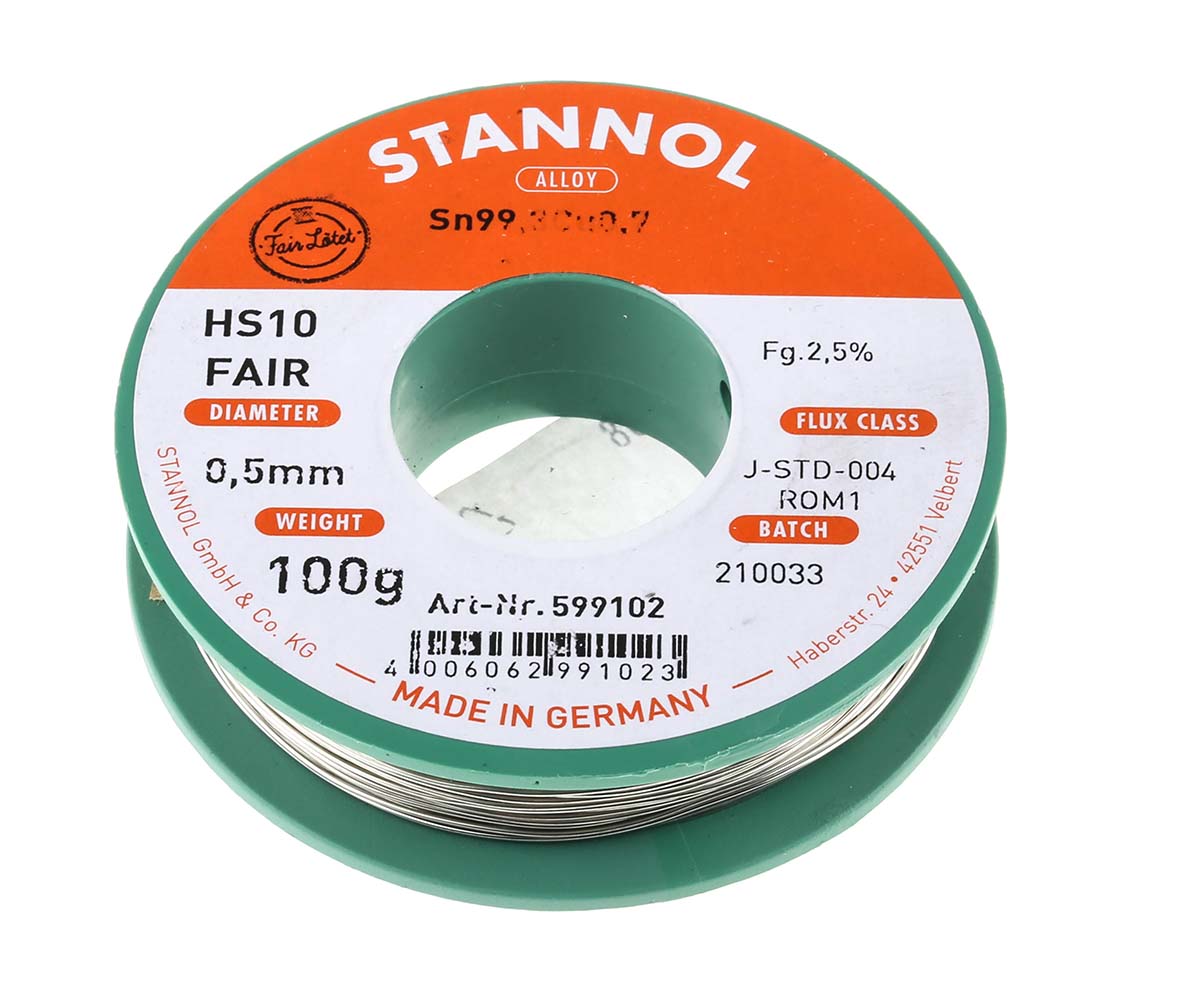 Stannol Wire, 0.5 mm Lead Free Solder, 227 °C Melting Point