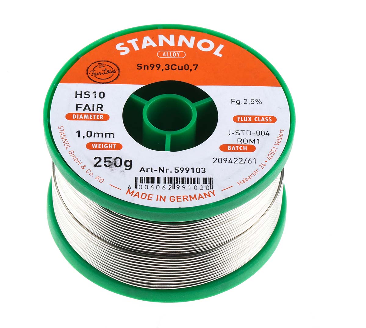 Stannol Wire, 1 mm Lead Free Solder, 227 °C Melting Point