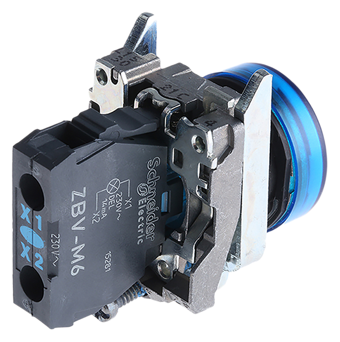xb4bvm6 Schneider Electric Harmony XB4 Blue LED Pilot Light, 22mm Cutout, IP66, IP67, IP69, IP69K, 240 V ac, 3 A ac, 270 mA dc