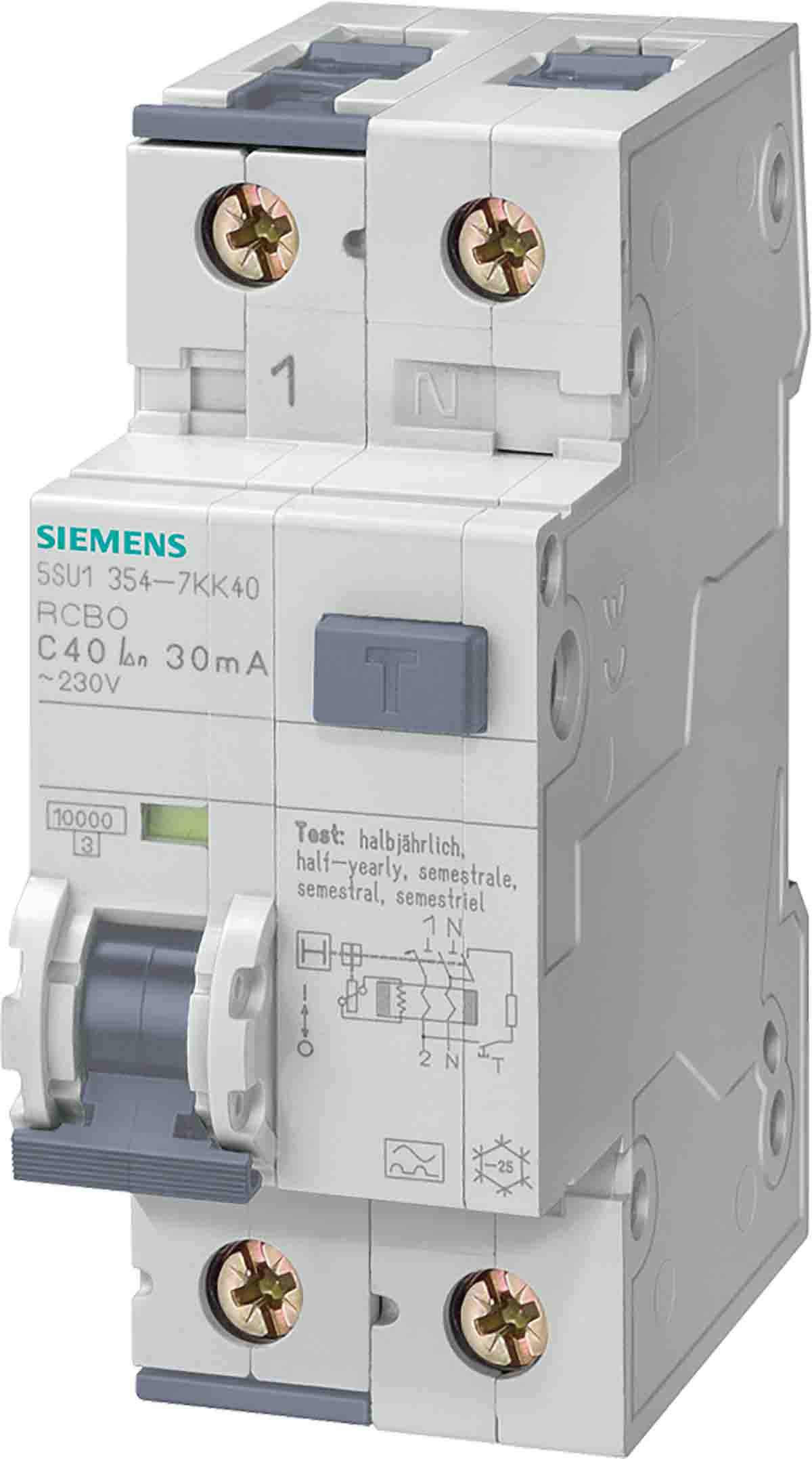 Siemens Residual Current Circuit Breaker with Overload Protection, 20A Current Rating, 2-Pole, 30 mA Trip Sensitivity,