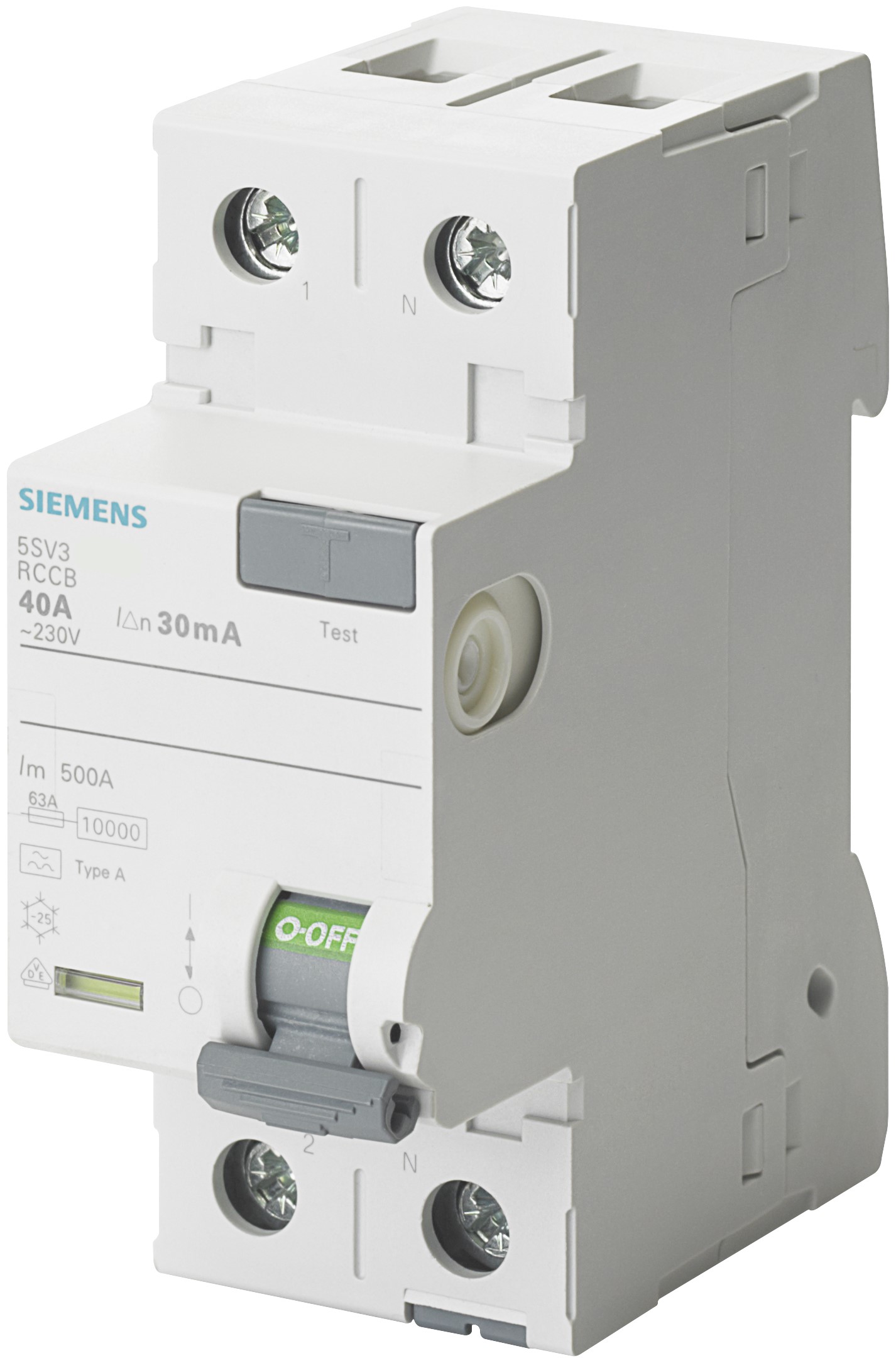 Siemens SENTRON Series Residual Current Circuit Breaker, 16A, 2-Pole, 10 mA, Type A, 0.8 kA 230V ac