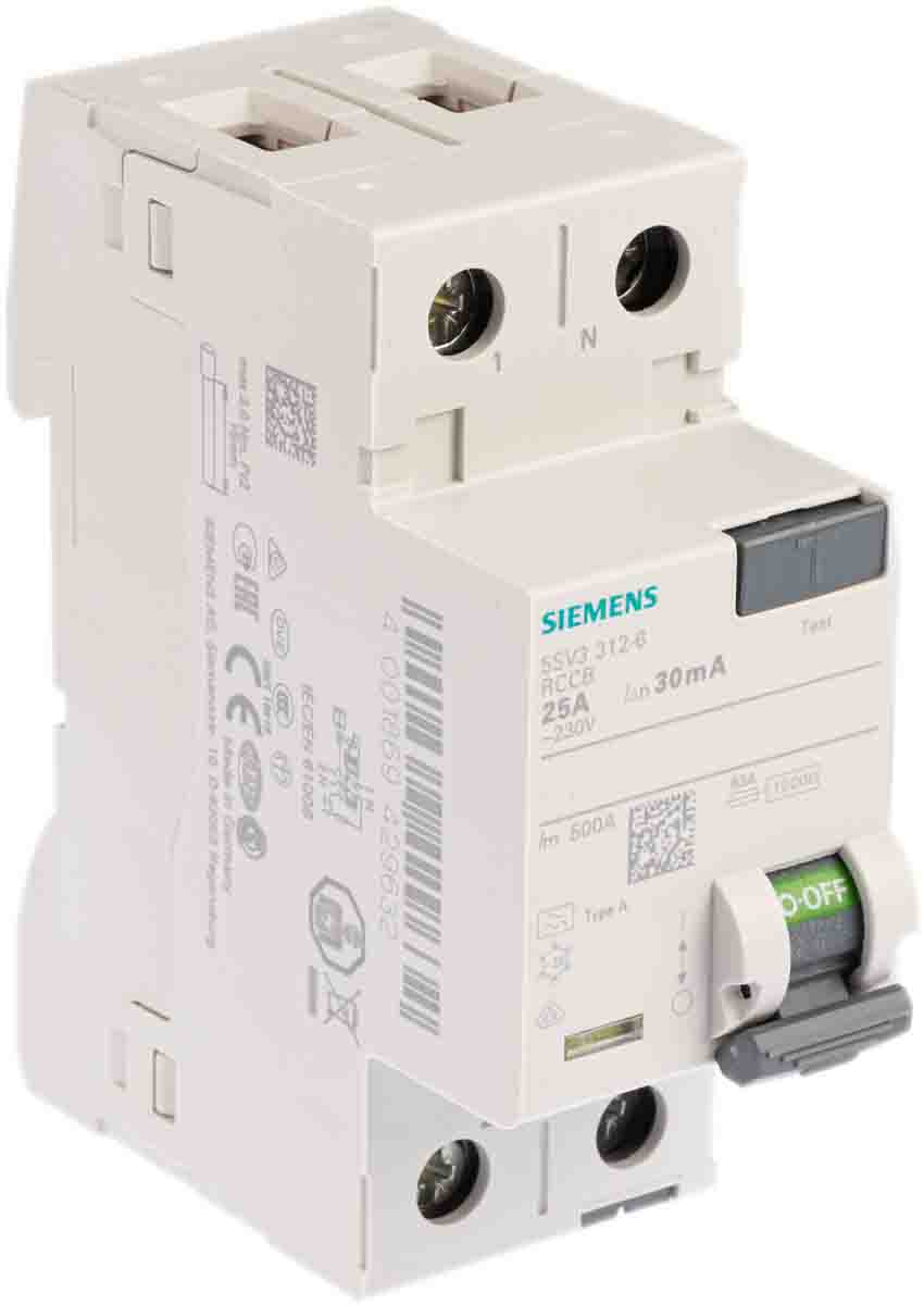 Siemens SENTRON Series Residual Current Circuit Breaker, 25A, 2-Pole, 30 mA, Type A, 0.8 kA 230V ac