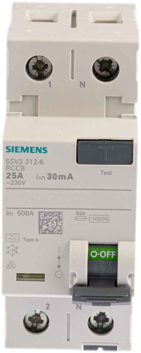 5sv3312-6 Siemens SENTRON Series Residual Current Circuit Breaker, 25A, 2-Pole, 30 mA, Type A, 0.8 kA 230V ac