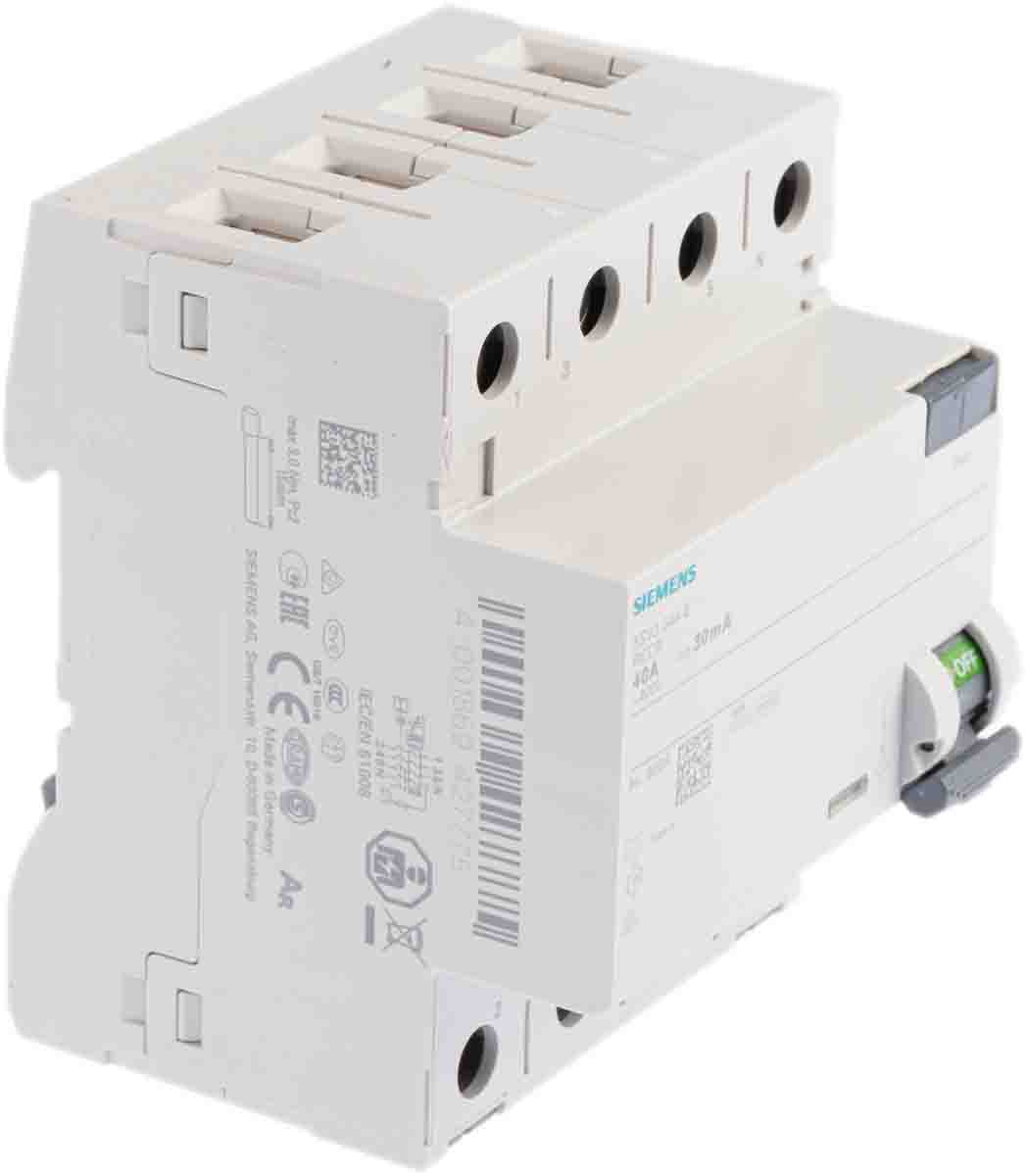 5sv3344-6 Siemens SENTRON Series Residual Current Circuit Breaker, 40A, 4-Pole, 30 mA, Type A, 0.8 kA 400V ac