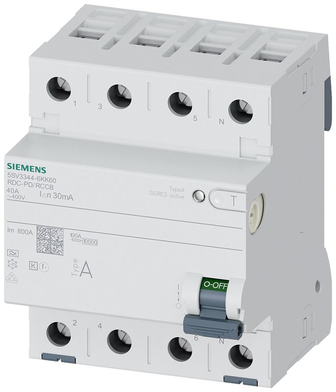 Siemens SENTRON Series Residual Current Circuit Breaker, 40A, 4-Pole, 30 mA, Type A 440V ac