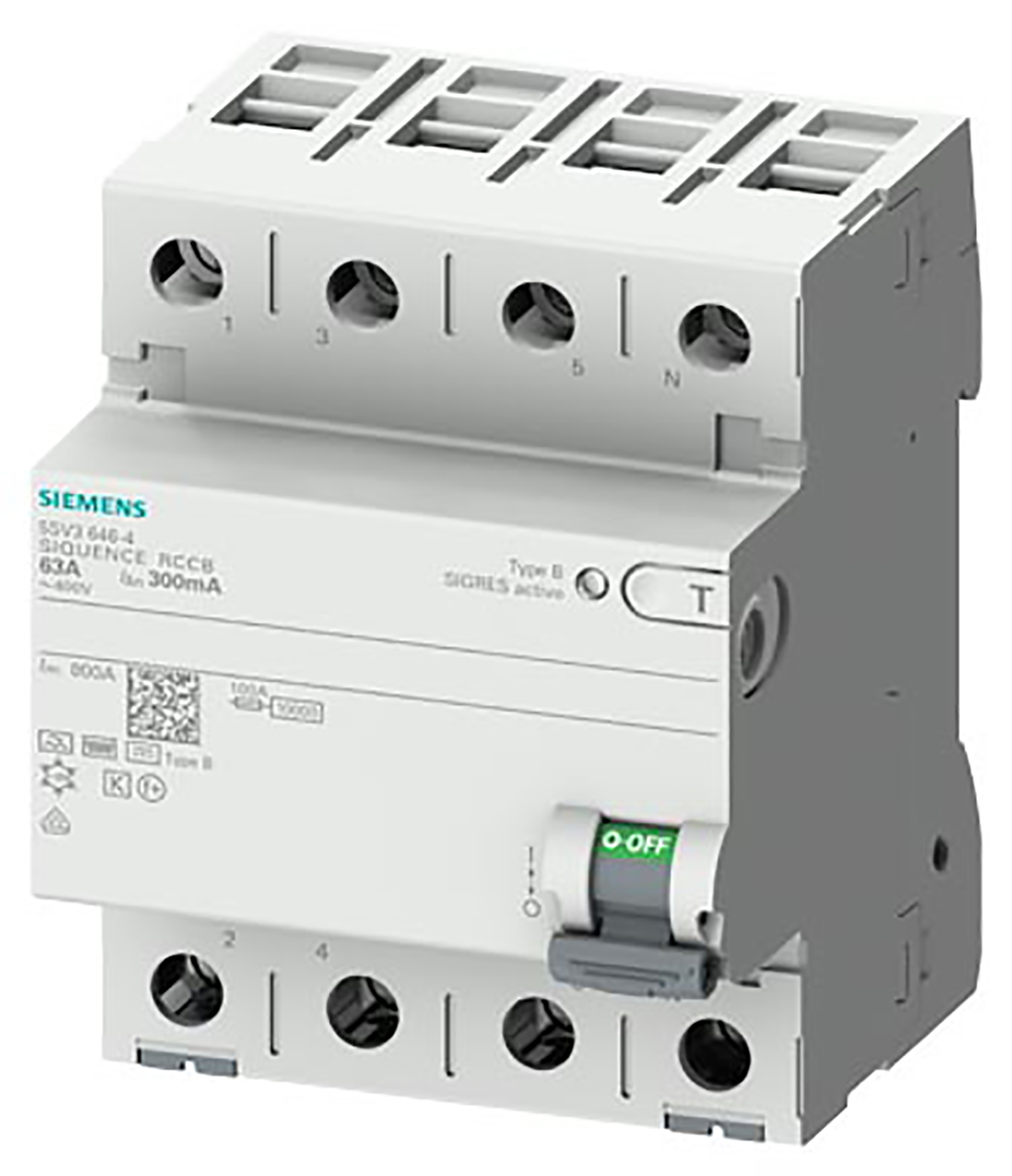 Siemens 5SV3 Series Residual Current Circuit Breaker, 30mA, 3-Pole, 30 mA, Type B, 10 kA, 60 V dc 400V ac