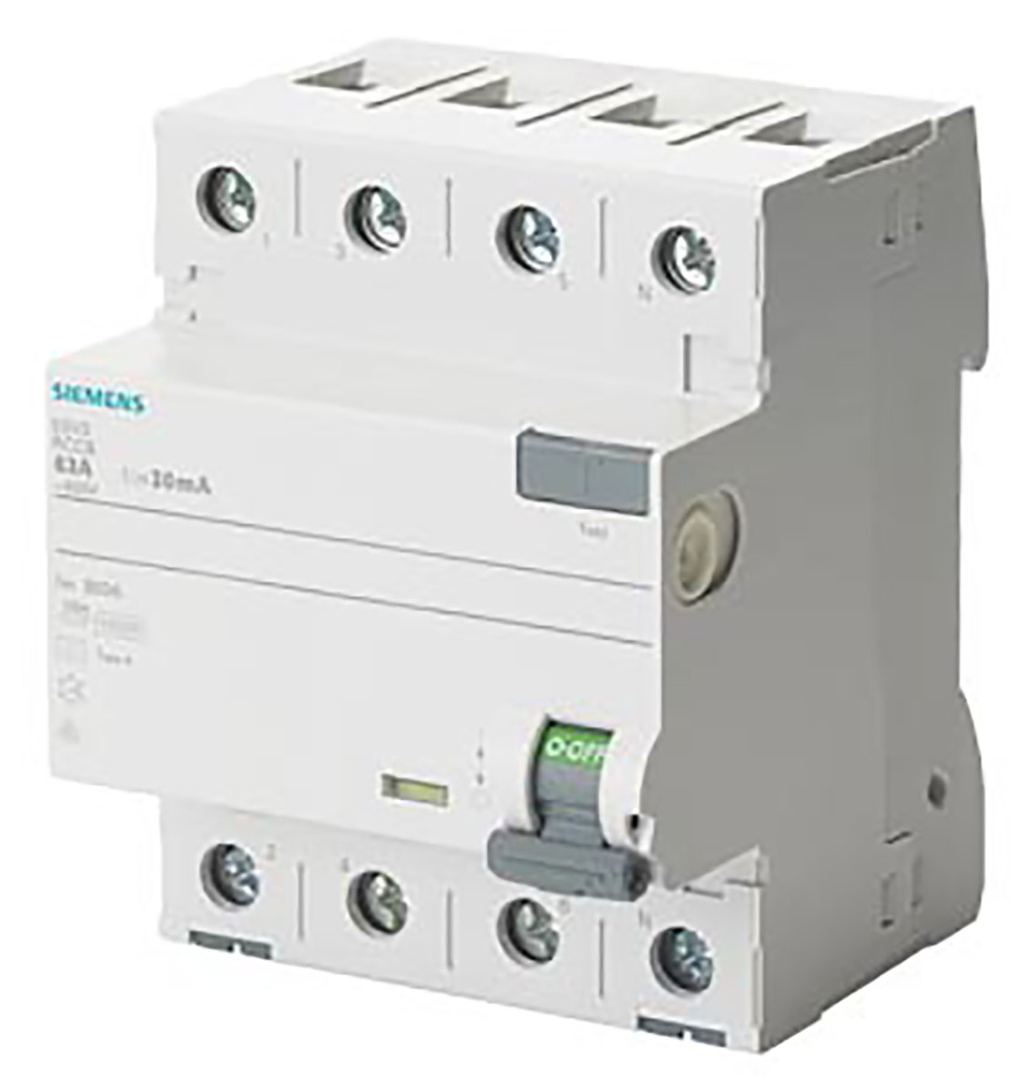 Siemens SENTRON Series Residual Current Circuit Breaker, 63A, 4-Pole, 30 mA, Type A, 0.8 kA 400V ac