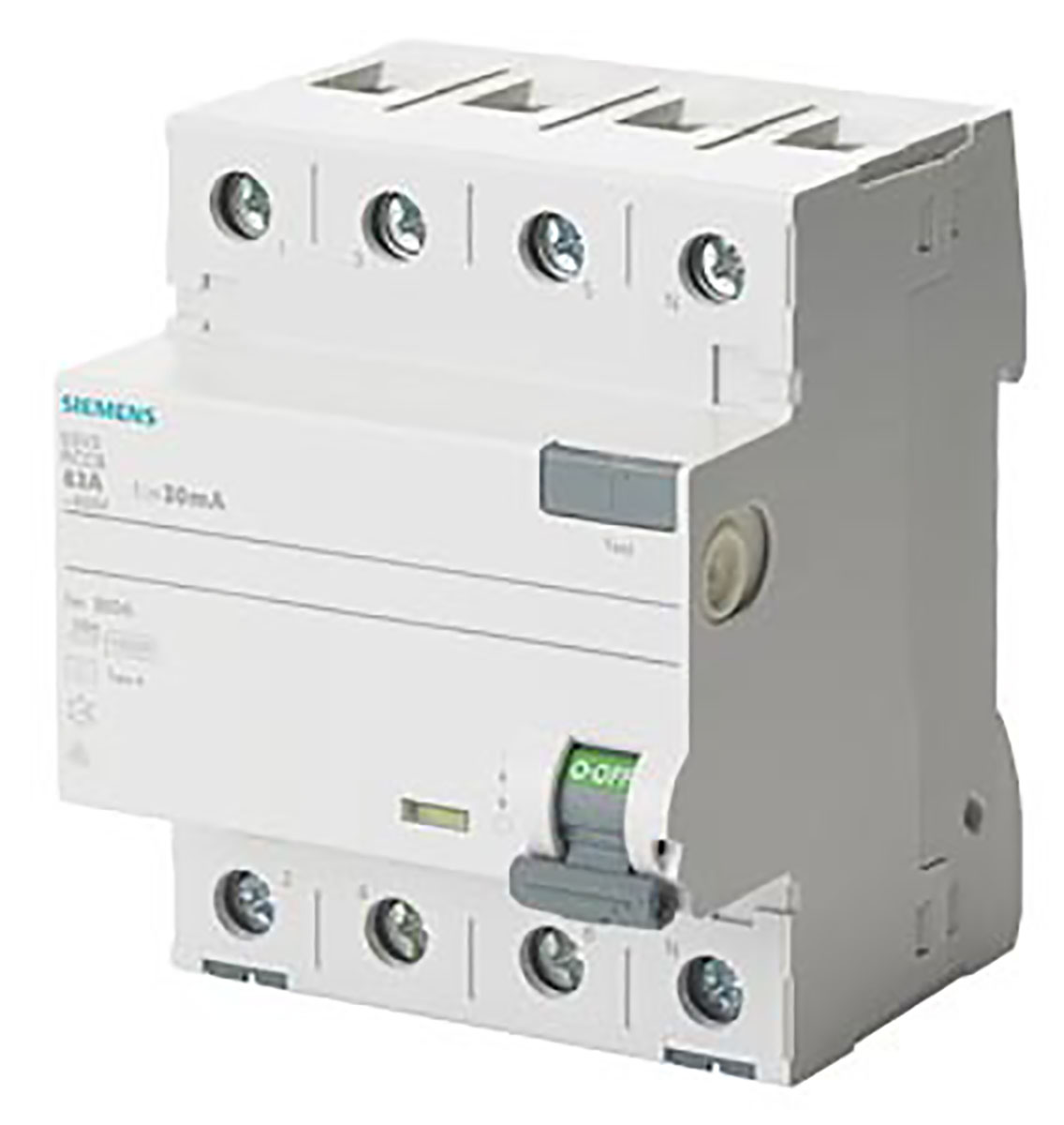 Siemens SENTRON Series Residual Current Circuit Breaker, 63A, 4-Pole, 300 mA, Type A, 0.8 kA 400V ac