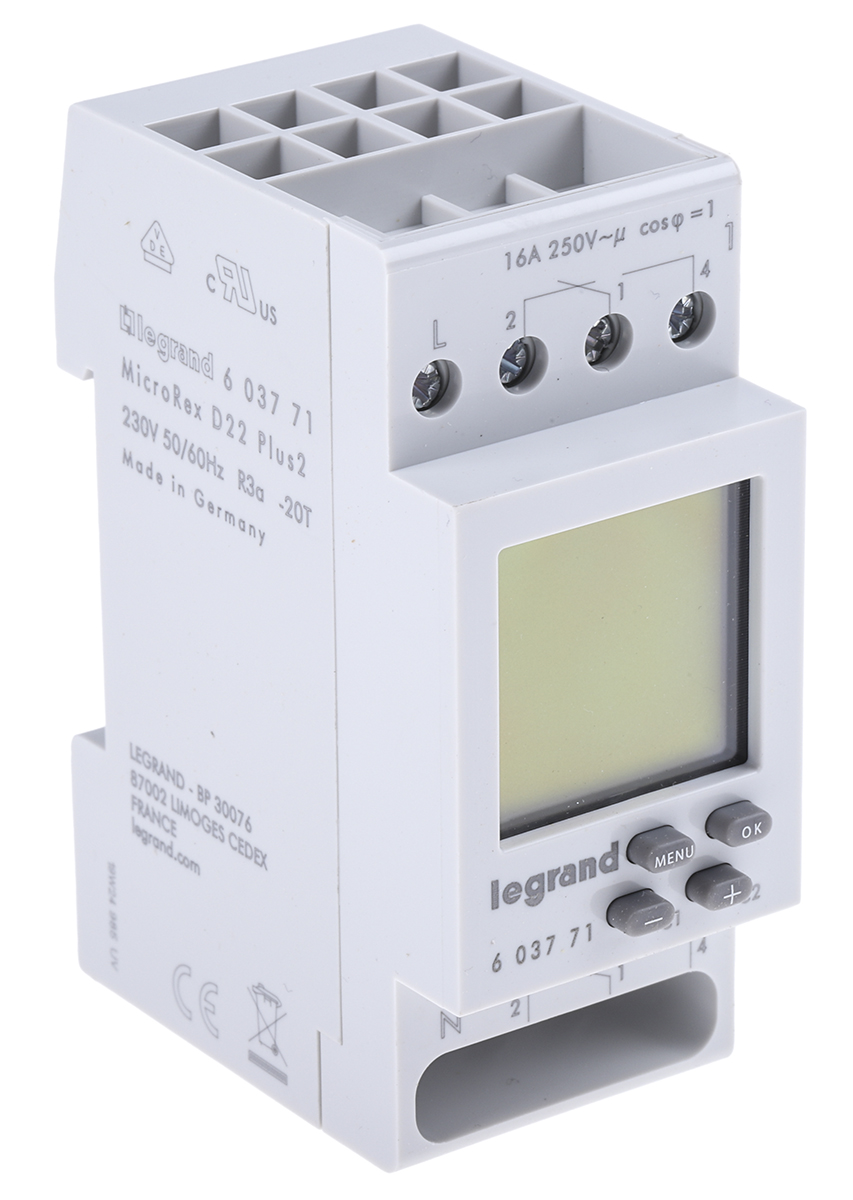 6-037-71 Legrand Digital MicroRex Plus 2 DIN Rail Time Switch, 2-Channel 230 V ac