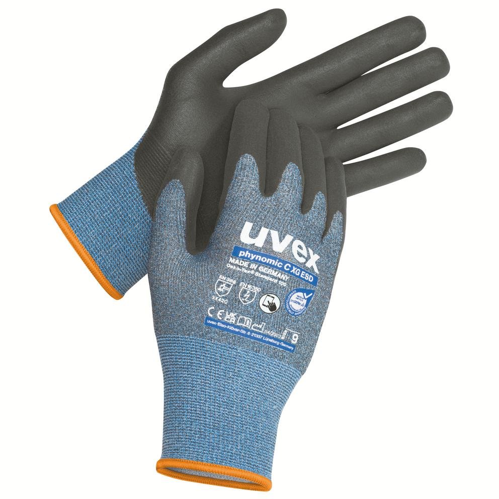 uvex phynomic C XG ESD Black Carbon, Elastane, Fibreglass, HPPE, Polyamide Work Gloves, Size 10, Aqua Polymer Coating