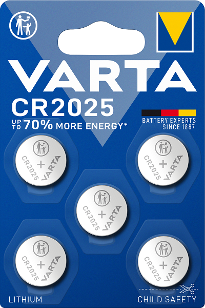 6025101415 Varta CR2025 Coin Battery, 3 V, 20 mm Diameter, 5 Pack