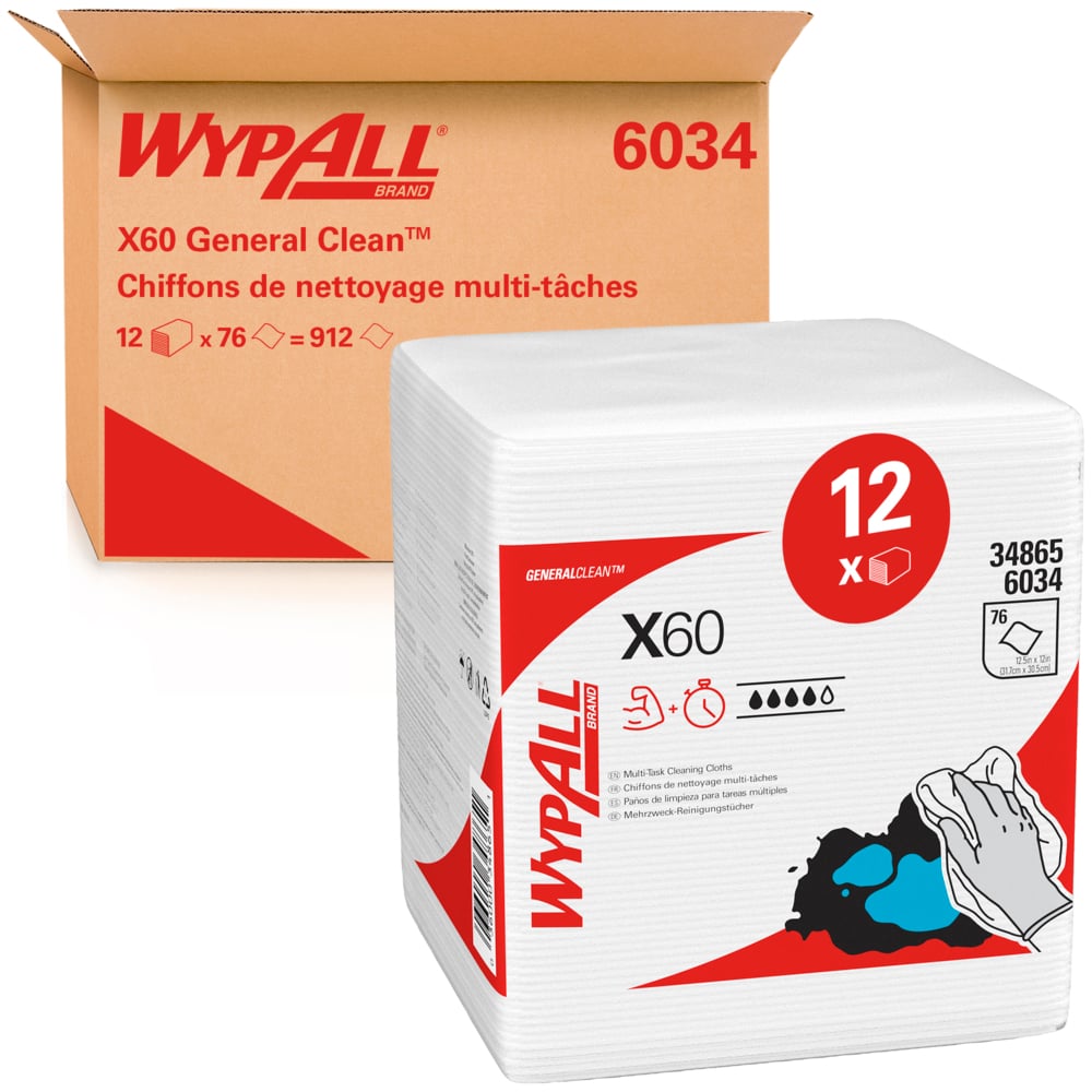 WYPALL WypAll® X60 General Clean™ (6034) White Cloths for General Cleaning, Dry Use, Pack of 76 Per Pack, 305 x 318 mm,