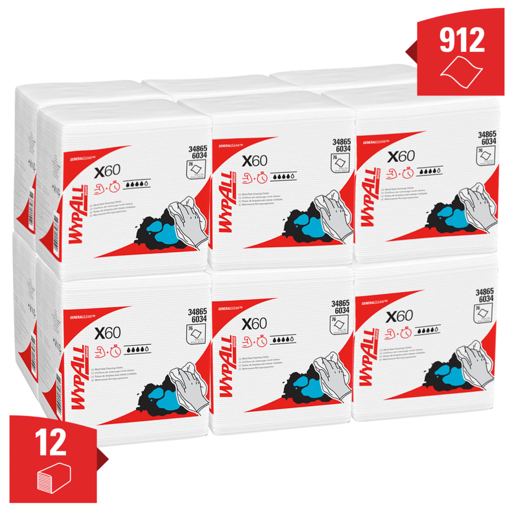 6034 WYPALL WypAll® X60 General Clean™ () White Cloths for General Cleaning, Dry Use, Pack of 76 Per Pack, 305 x 318 mm,