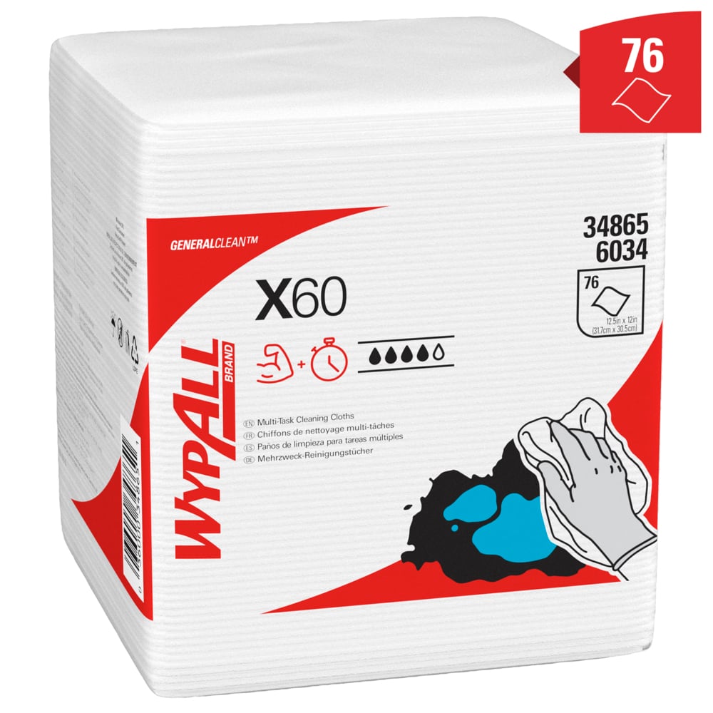 6034 WYPALL WypAll® X60 General Clean™ () White Cloths for General Cleaning, Dry Use, Pack of 76 Per Pack, 305 x 318 mm,