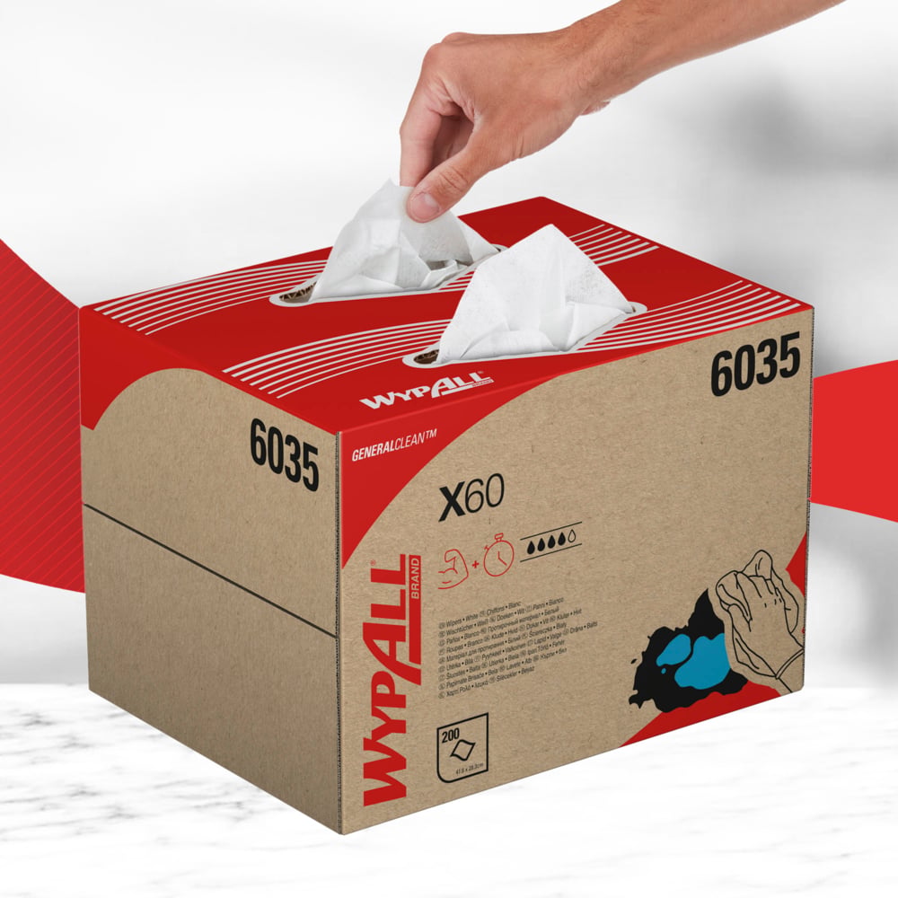 6035 WYPALL WYPALL White Cloths for Industrial Cleaning, Dry Use, Box of 200 Per Pack, 418 x 283 mm, Repeat Use