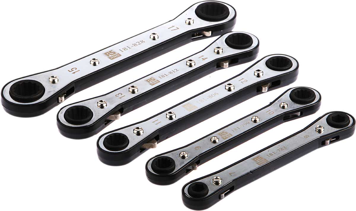 RS PRO 5-Piece Spanner Set, 7 x 8 To 15 x 17 mm, Chrome Vanadium Steel