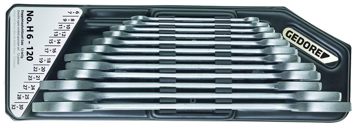 Gedore 12-Piece Double Open End Wrench, 6x7, 8x9, 10x11, 12x13, 14x15, 16x17, 18x19, 20x22, 21x23, 24x27, 25x28, 30x32