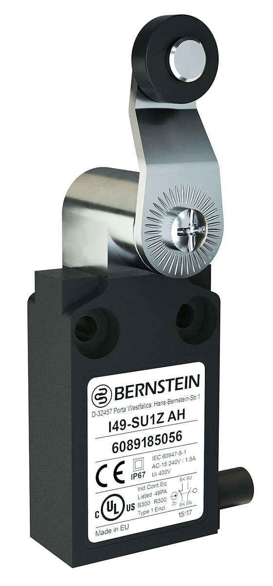 Bernstein AG I49 Series Plunger Roller Lever Limit Switch, 1 NO/1 NC, IP67, Plastic Housing, 250V ac, 10A