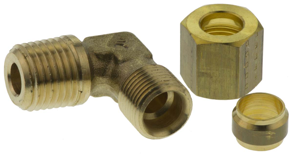 Legris Brass Pipe Fitting, 90° Compression Elbow, Male R 1/4in to Female 8mm