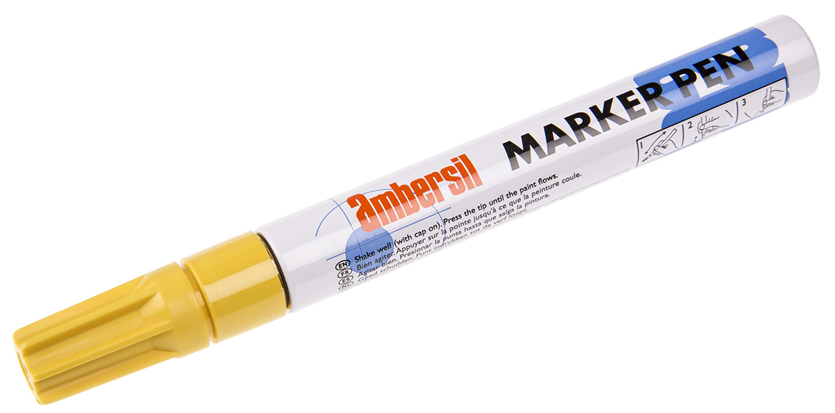 Ambersil Yellow 3 mm Paint Marker Pen for use with Textile, Tile, Cardboard, Rubber, Glass, Paper, Metal, Plastic, Wood