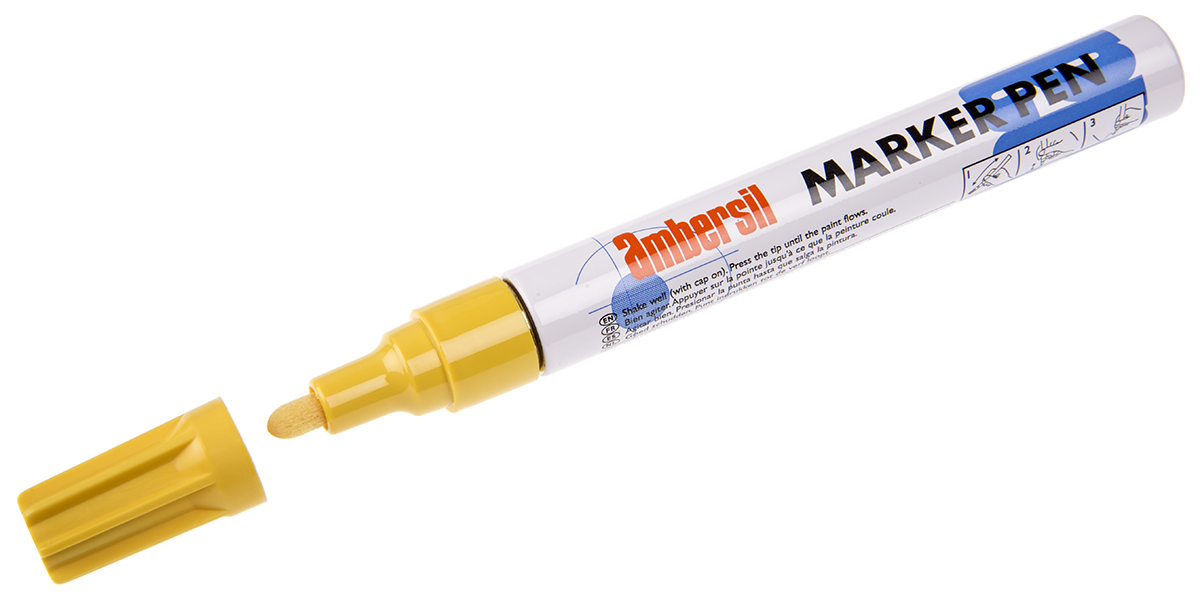 6190050003 Ambersil Yellow 3 mm Paint Marker Pen for use with Textile, Tile, Cardboard, Rubber, Glass, Paper, Metal, Plastic, Wood