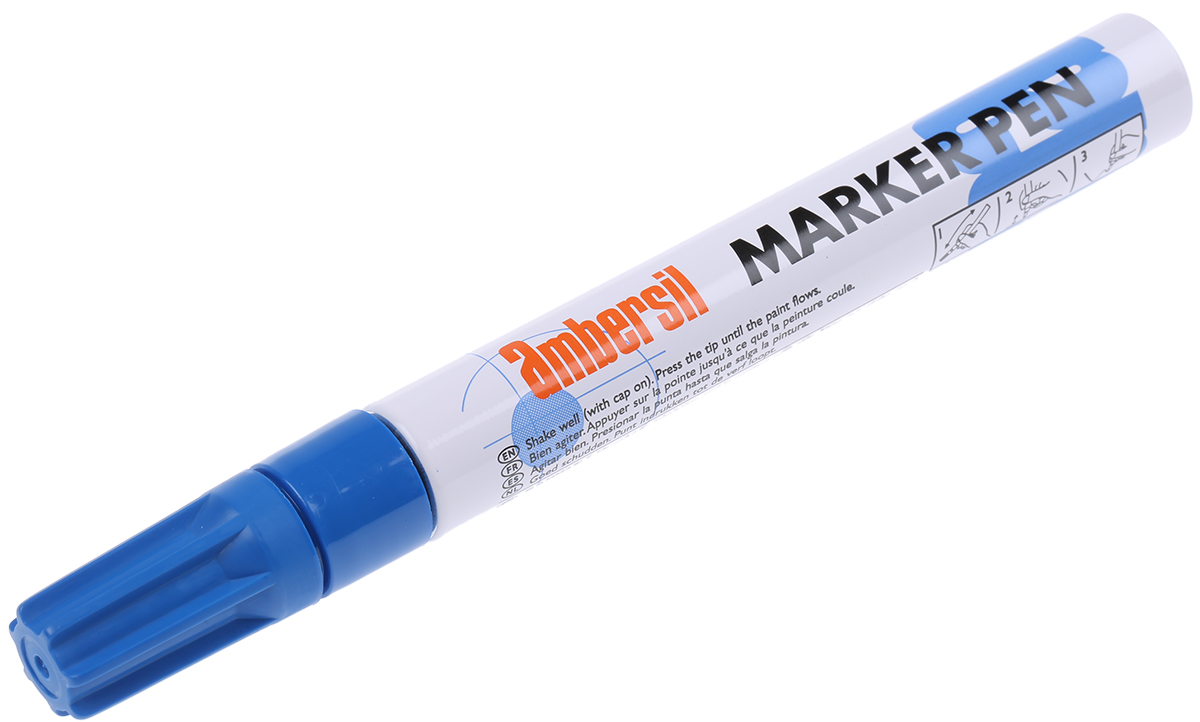Ambersil Blue 3 mm Paint Marker Pen for use with Cardboard, Metal, Glass, Rubber, Plastic, Wood, Textile, Tile, Paper