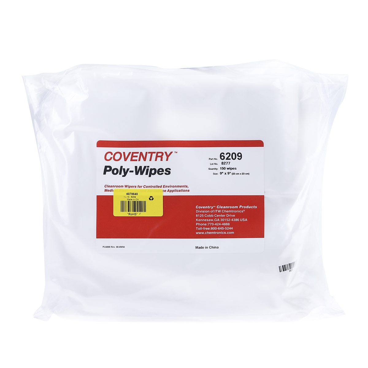 6209 Chemtronics Coventry Poly-Wipes Dry Cleanroom, Bag of, 230 x 230 mm 150 Per Pack