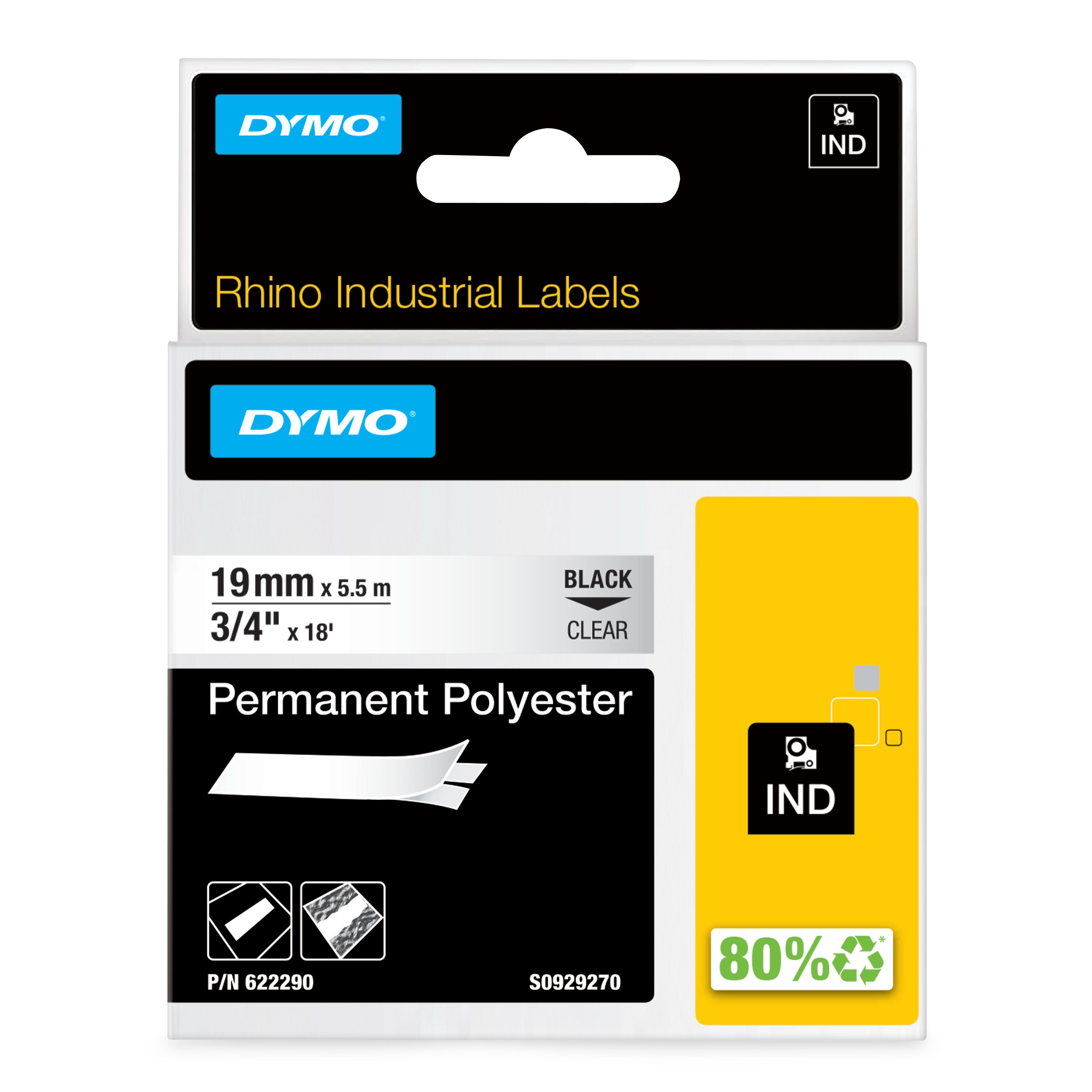 Dymo Black on Clear Label Printer Tape, 18 ft Length, 19 mm Width