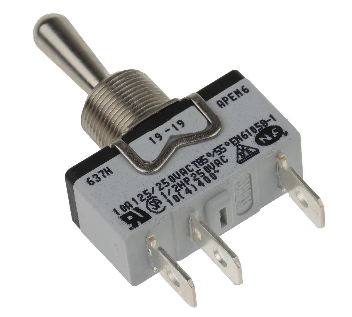APEM Toggle Switch, Panel Mount, On-Off-On, SPST, Tab Terminal, 24 V dc, 250 V ac