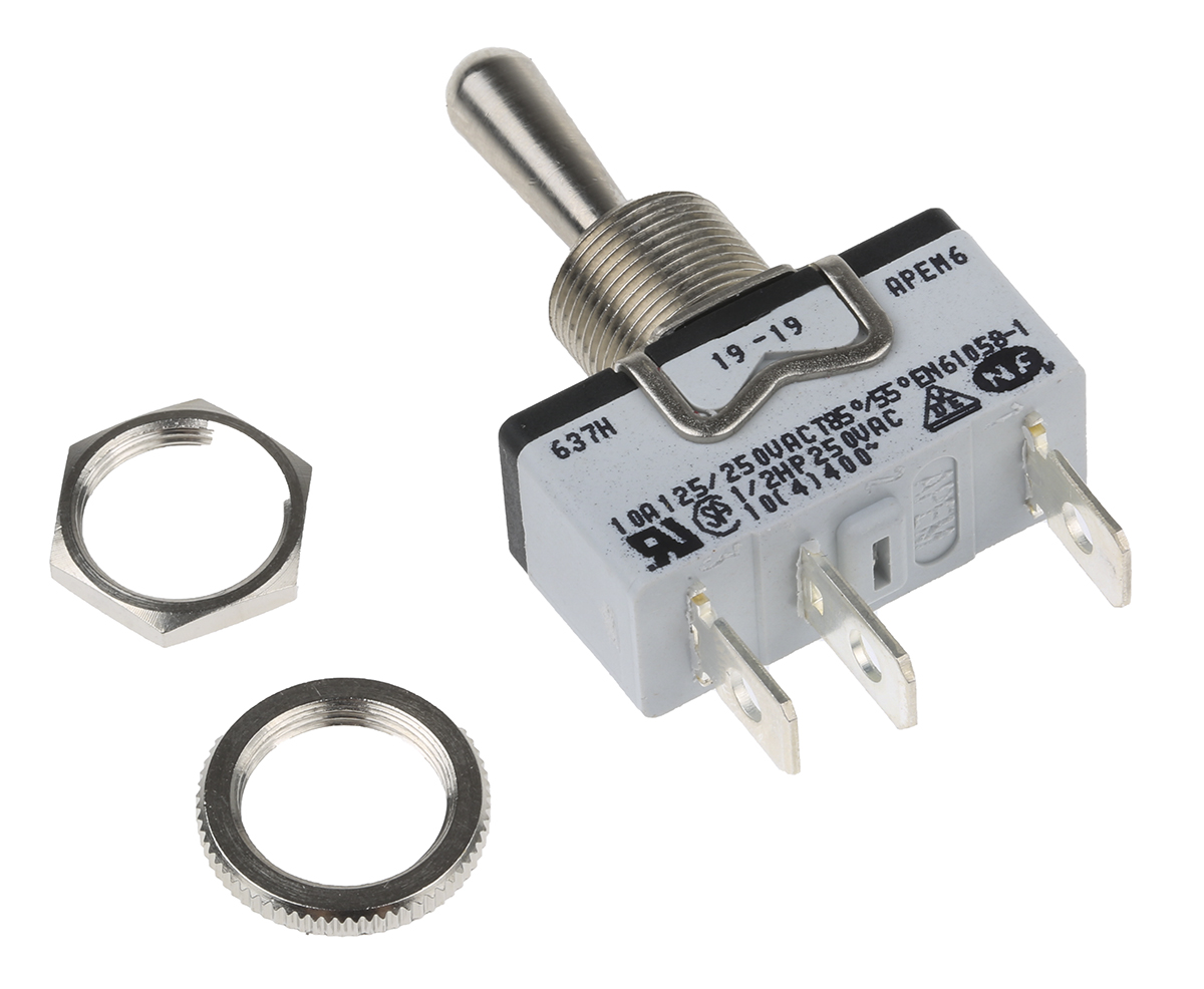 637h2 APEM Toggle Switch, Panel Mount, On-Off-On, SPST, Tab Terminal, 24 V dc, 250 V ac