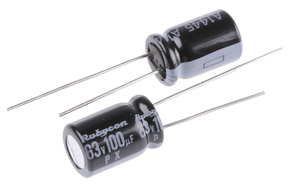 Rubycon 100 μF Capacitor 63V dc, Radial, Through Hole - 63PX100MEFC8X11.5 Radial Lead