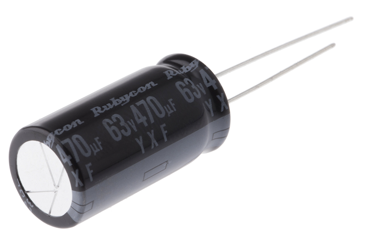 Rubycon 470 μF Capacitor 63V dc, Radial, Through Hole - 63YXF470M12.5X25 Radial Lead
