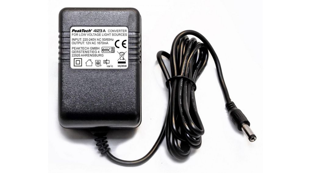 PeakTech 12 V Charger Adapter for use with Low Voltage Light Sources, 82 x 88 x 57 mm, Portable
