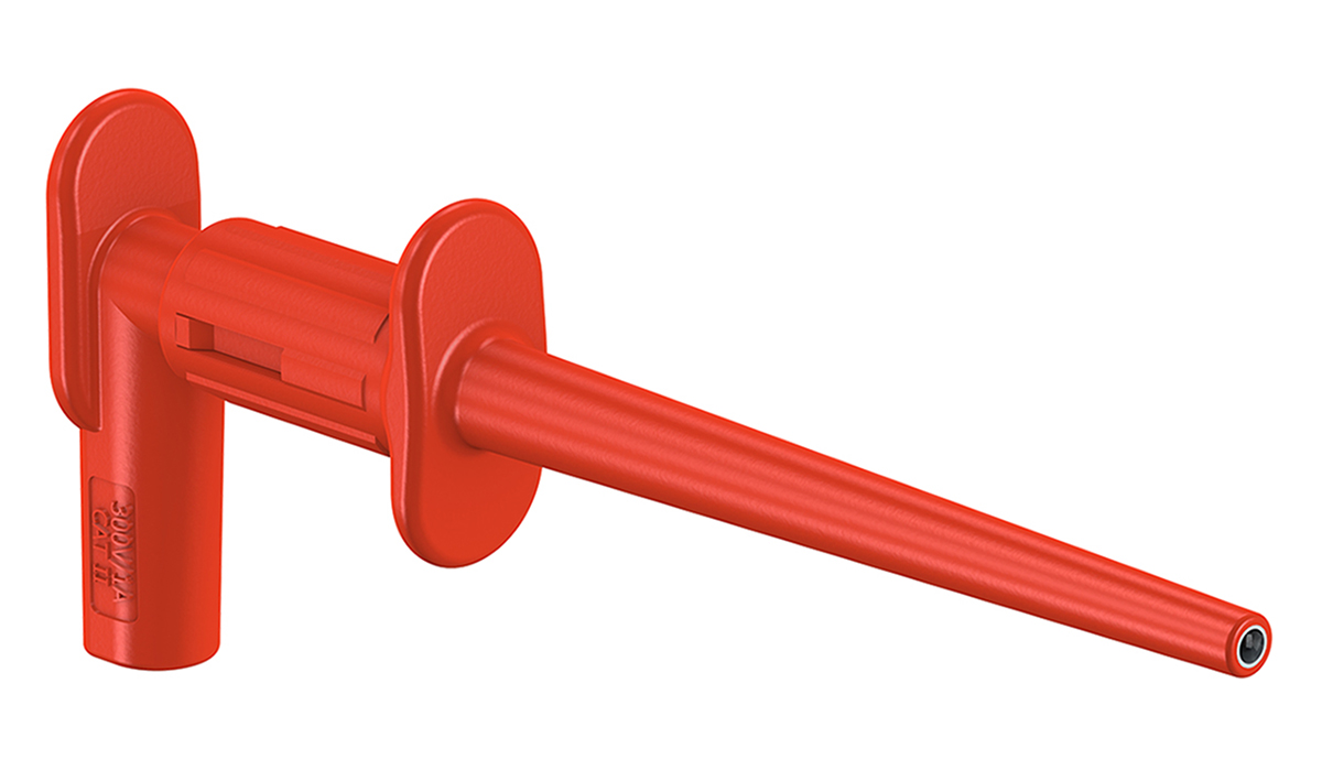 659187-22 Staubli Red Grabber Clip, 4.5 mm Tip, 300 V, 1A, 2 mm Socket