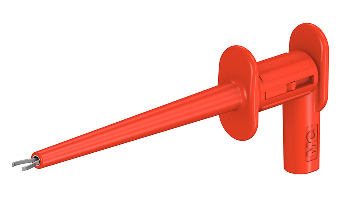 659187-22 Staubli Red Grabber Clip, 4.5 mm Tip, 300 V, 1A, 2 mm Socket