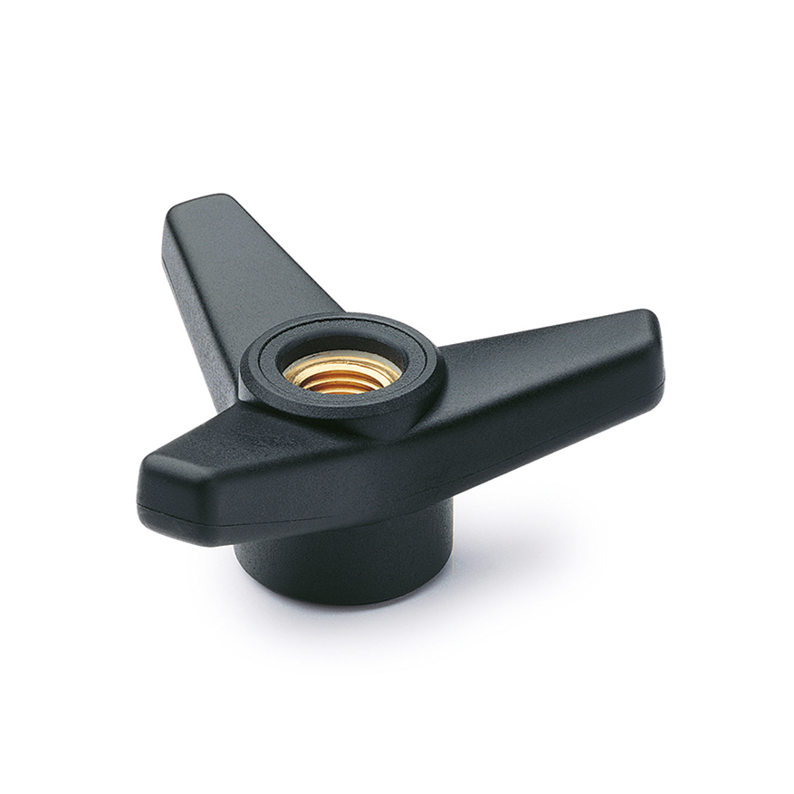 Elesa 65711 Black Fibreglass Reinforced Polyamide Three-Arm Knob, M16, Threaded Through Hole