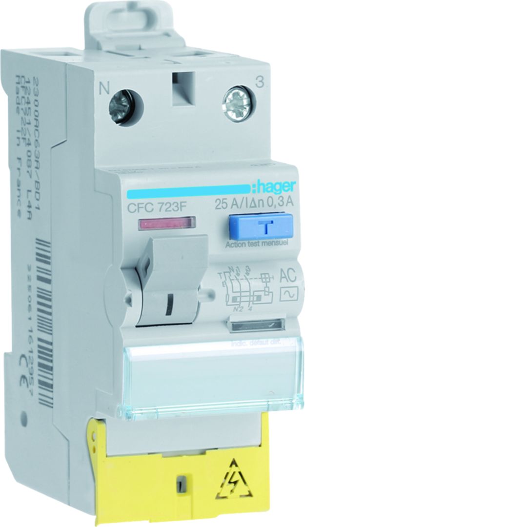 Hager CFC RCCB, 25A, 1P+N Pole, 300mA, Type AC, 230 → 300V ac