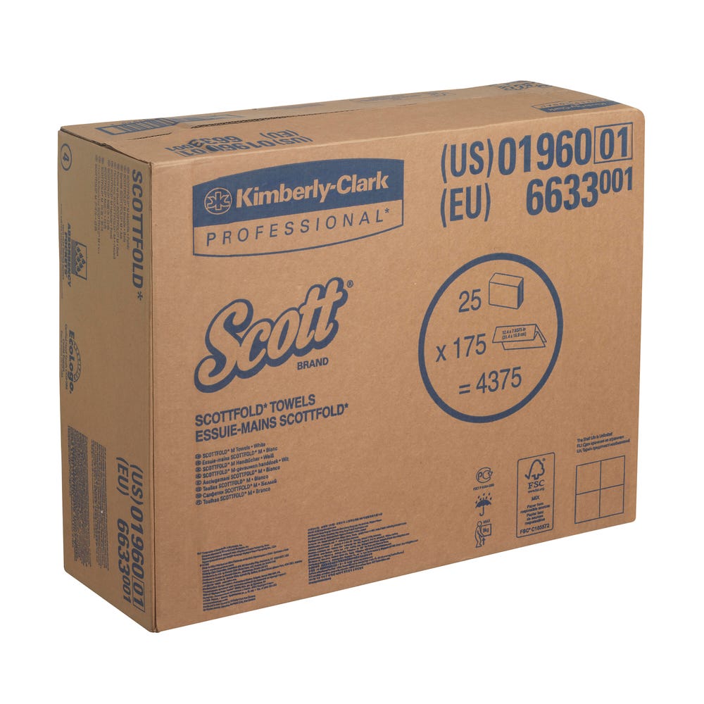 6633 KLEENEX Scott Multifold Paper Towel, 315 x 200 mm, 1 Ply, 4375 Sheets