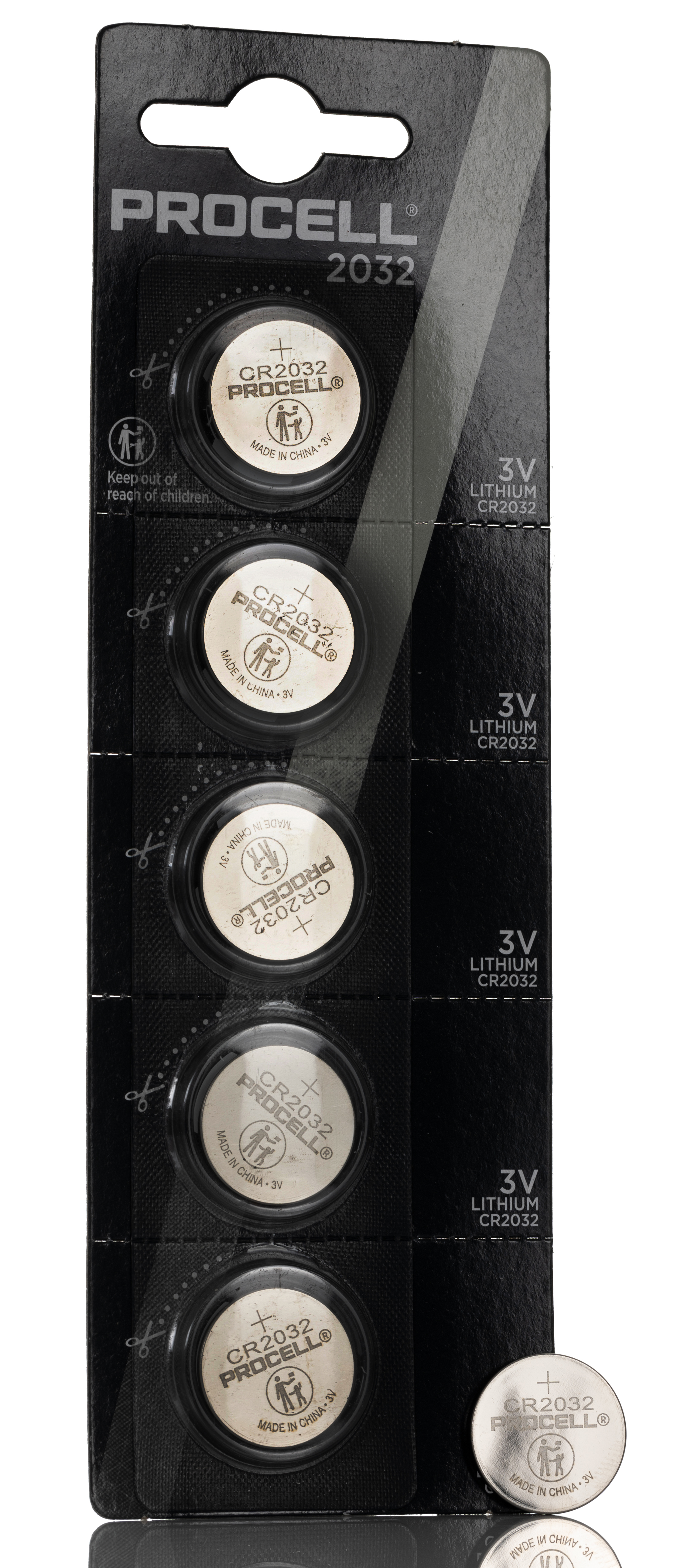 Duracell Procell CR2032 Button Batteries, 3V, 20mm Diameter, 5 Pack