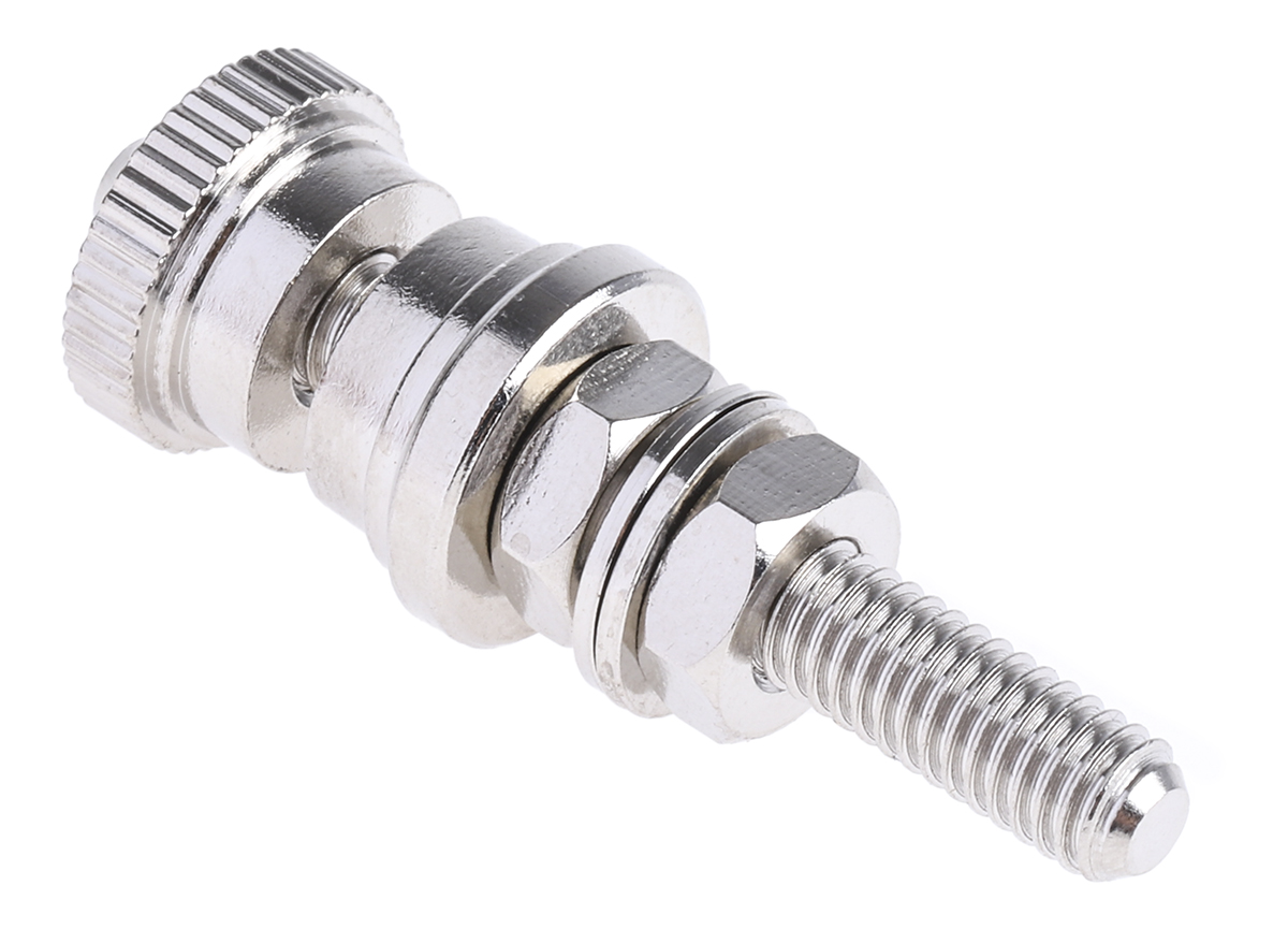 668-4590 RS PRO, Silver 30A Binding Post With Brass Contacts and Nickel Plated - 5 mm Hole Diameter