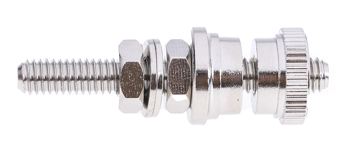668-4590 RS PRO, Silver 30A Binding Post With Brass Contacts and Nickel Plated - 5 mm Hole Diameter