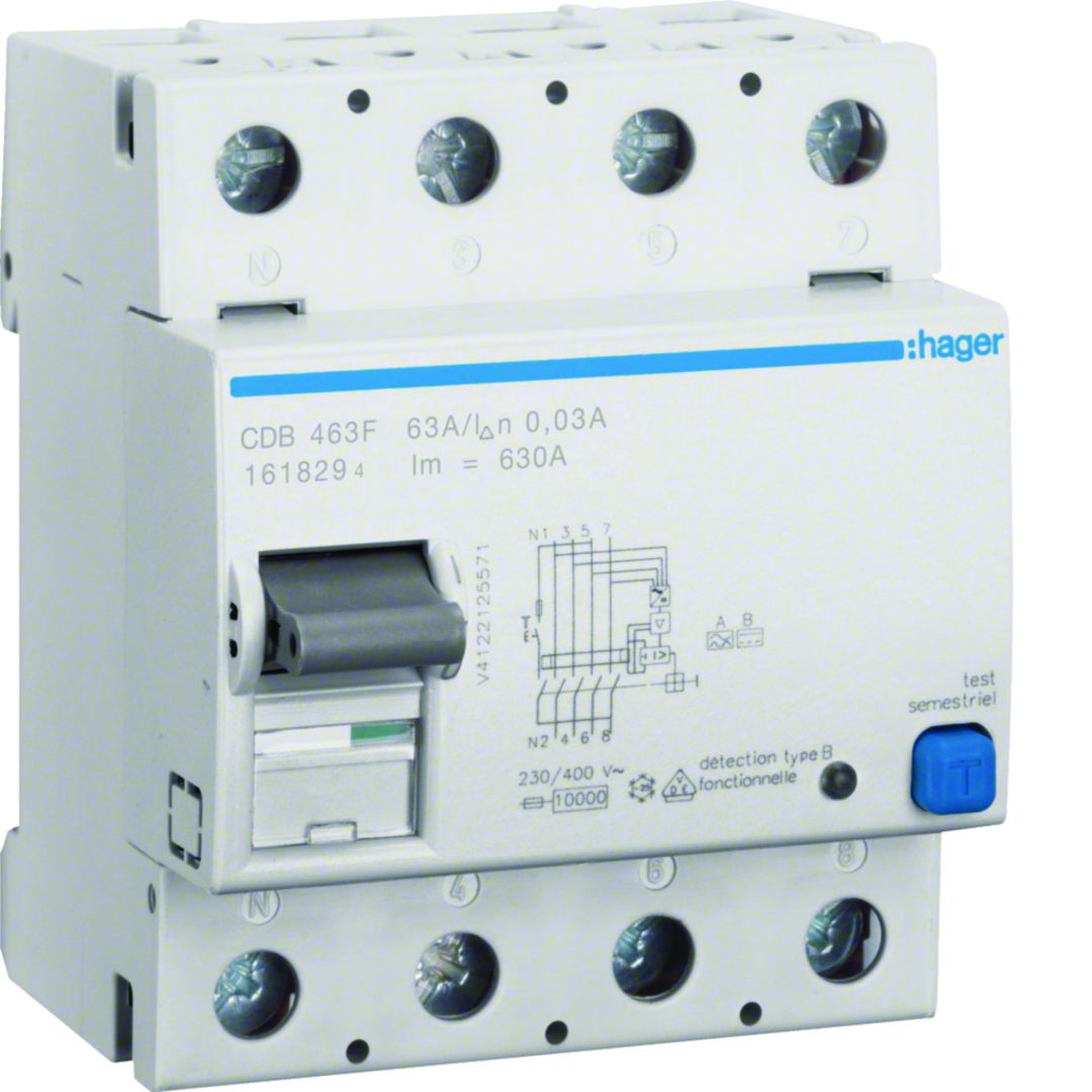 Hager CDB RCCB, 63A, 4 Pole, 30mA, Type B, 230 → 400V ac