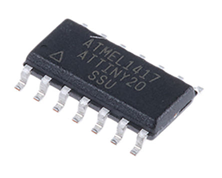 Microchip ATTINY20-SSU, 8 bit AVR, ATTINY20 Microcontroller, 12 MHz, 2kB FLASH, 14-Pin SOIC
