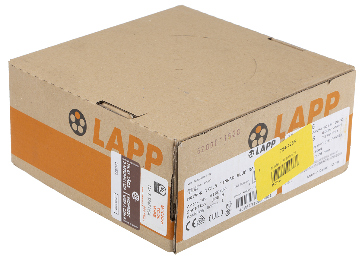 4160414 Lapp Blue 1.5 mm² Hook Up Wire, 100 m, , Polyvinyl Chloride