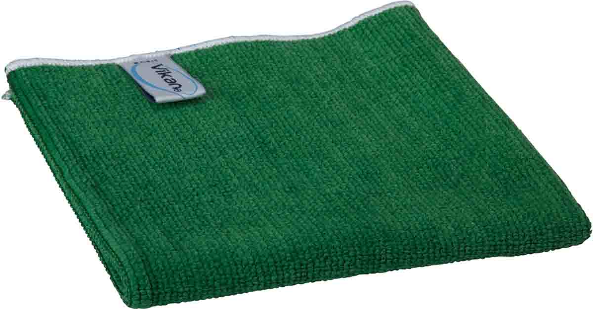 Vikan Basic Microfibre Cloth Green Microfibre Cloths for General Cleaning, Dry/Wet Use, Box of 5 Per Pack, 320 x 320 mm,